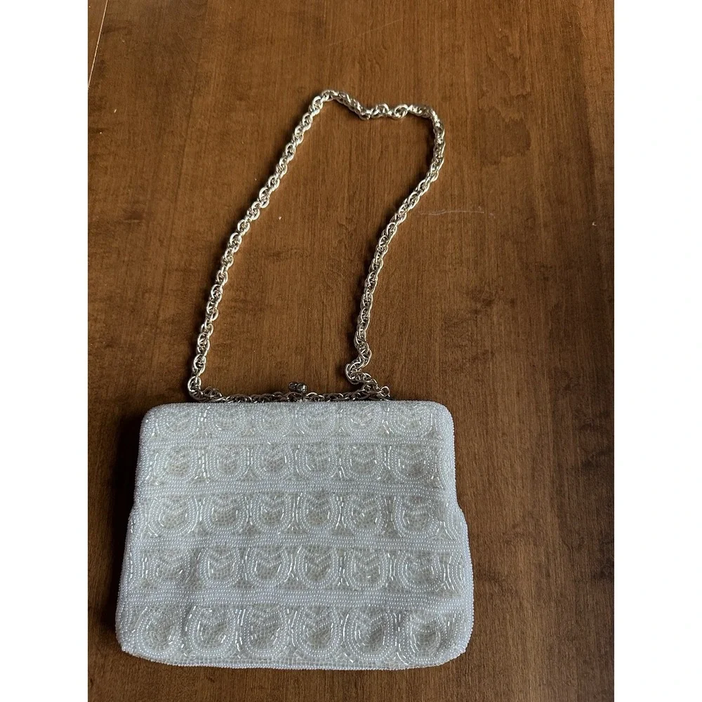 Vintage Evening Bag White Glass Microbeads And Baguette Shapes Crossbody/Clutch